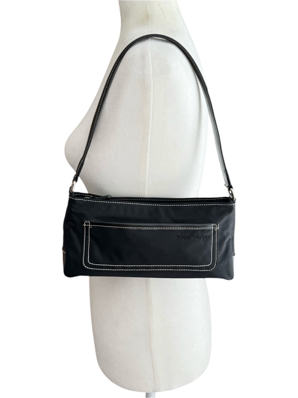 Vintage Y2K Tommy Hilfiger Black Nylon Shoulder Bag Faux Leather Trim Minimalist